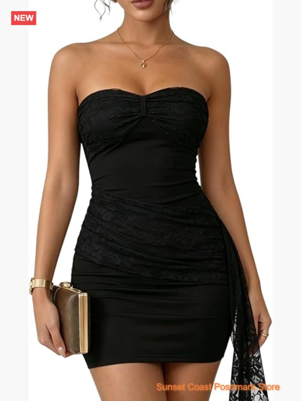 Sexy Strapless Lace Mesh Ruched Bodycon Party Mini Dress